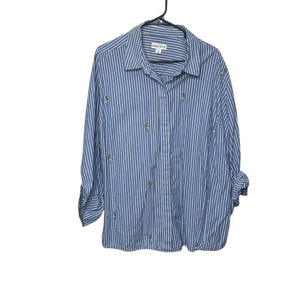 Ava & Viv Blue Stripe and Embroidered Flower Button Up - Picture 1 of 5